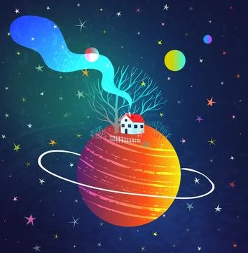 House on Alien Planet inn Outer Space with Stars Illustrazione stock