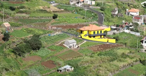 A house amongst small field plots in Marocos in Madeira. Stock Footage 239481003