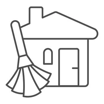 House and broom thin line icon, labour day concept, domestic cleaning sign on Stock Illustration