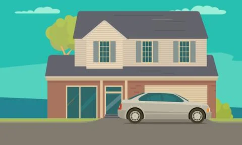 House and car near garage. Flat style vector illustration Stock Illustration