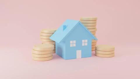 House and coins on pink background. Home for sale house for rent concept. B.. Stock Illustration