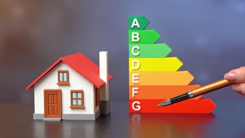 A house and an energy efficiency scale. Energy conservation and reduction of 動画素材 339028137