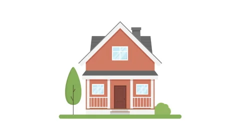 House and green trees in flat style on white background Stock Footage 316049344