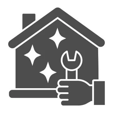 House and hand with wrench solid icon, Home professional services concept Stock Illustration