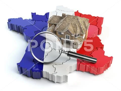House and loupe on the map of France in colors of french flag. Search a house Stock Illustration