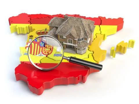 House and loupe on the map of Spain in colors of spanish flag. Search a house Stock Illustration