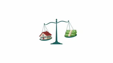 House and Money Stack Balancing on Scales Loop Animation Stock Footage 335118526