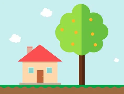 House and orange tree in gaming style vector illustration. Stock Illustration