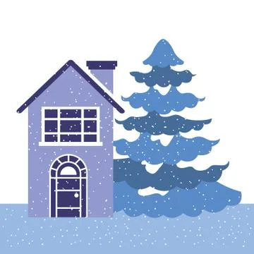 House and pine tree on white background Stock Illustration