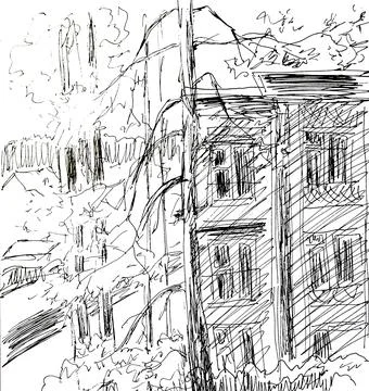 House and pine trees by the road, graphic black and white drawing on a white  Stock Illustration