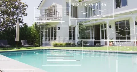 House and pool receiving HUD overlays from early frames, animating grids and Stock Footage 330461906