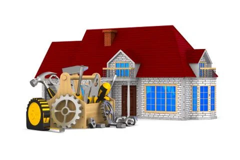 House and tools on white background. Isolated 3D illustration Stock Illustration
