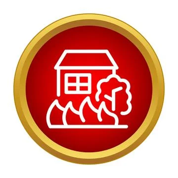 House and tree burning icon on red background 스톡 일러스트