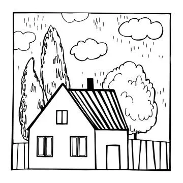 House and trees. Vector sketch  illustration. Stock Illustration