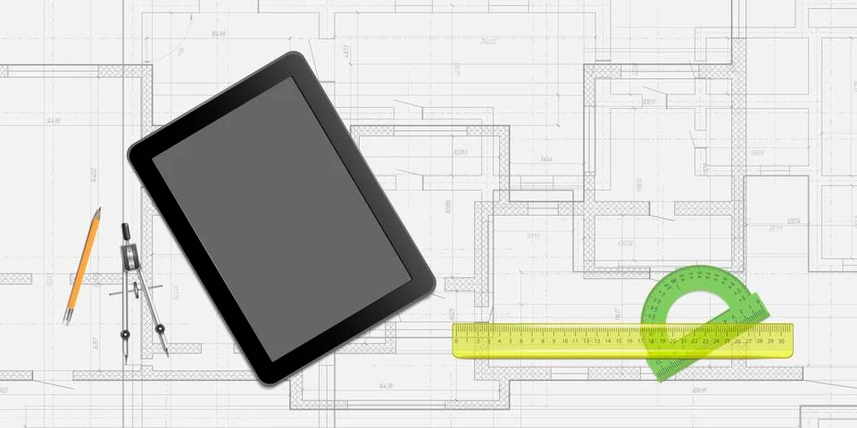 House architectural plan .Tablet screen for writing.Ruler, pencil, compasses. Stock Illustration