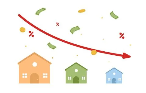 House with arrow graph down. The housing market is falling. Low prices. Fla.. Stock Illustration