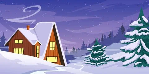 House on the background of a winter landscape at sunset Stock Illustration