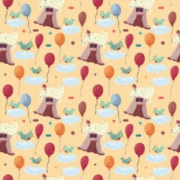 House baking cupcake among the clouds and balloons illustration of a Seamless Stock Illustration