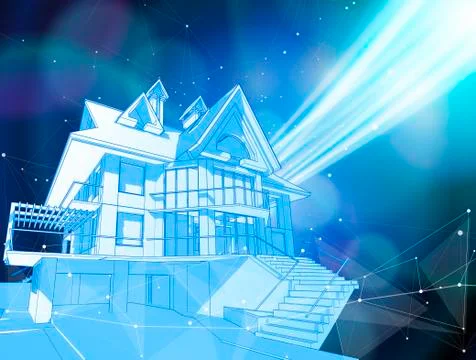 House on a blue background surrounded by digital networks Ilustración de archivo