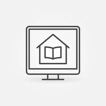 House with Book on Computer Screen outline vector line icon Stock Illustration