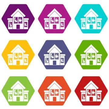House with broken windows icon set color hexahedron Ilustración de archivo