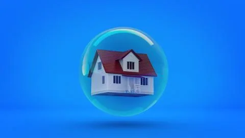 House in a bubble fly in the air. 3d rendering Illustrazione stock