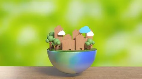The house Building and tree on half planet for eco concept 3d rendering. Ilustración de archivo