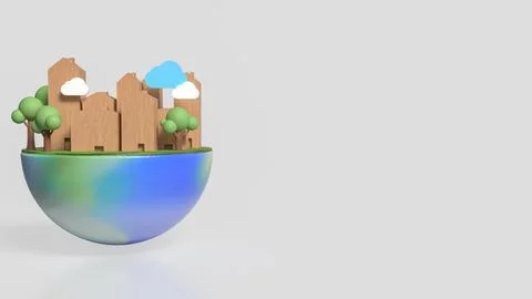 The house Building and tree on half planet for eco concept 3d rendering. Ilustración de archivo