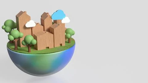 The house Building and tree on half planet for eco concept 3d rendering. Stock Illustration