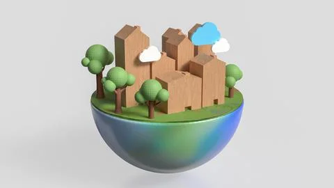 The house Building and tree on half planet for eco concept 3d rendering. Ilustración de archivo
