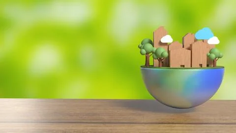 The house Building and tree on half planet for eco concept 3d rendering. Ilustración de archivo