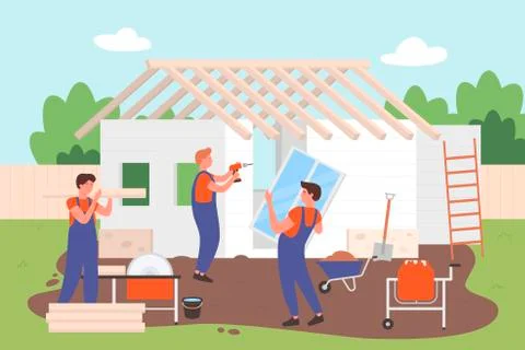 House building, architectural, construction process character flat vector 스톡 일러스트