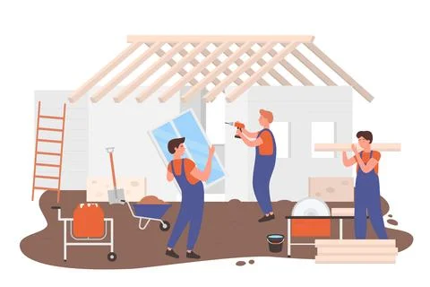 House building, architectural, construction process character flat vector Stock Illustration