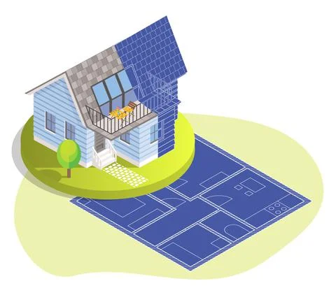 House building on blueprint, vector isometric illustration. House plan drawing Ilustración de archivo