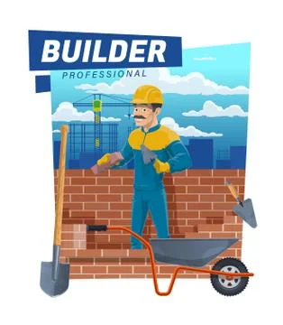 House building, builder worker at brickwork Ilustración de archivo