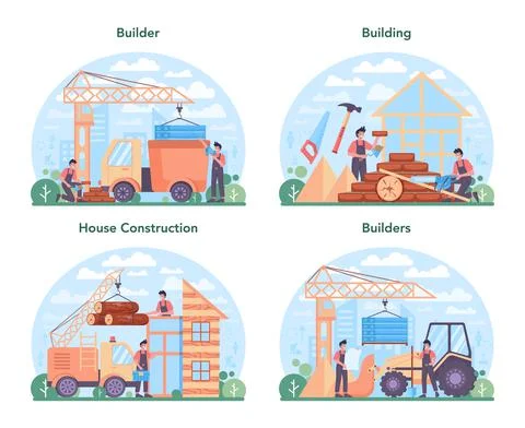 House building concept set. Workers constructing home with tools Ilustración de archivo