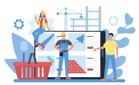 House building concept. Workers constructing home with tools Illustrazione stock
