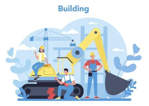 House building concept. Workers constructing home with tools Illustrazione stock