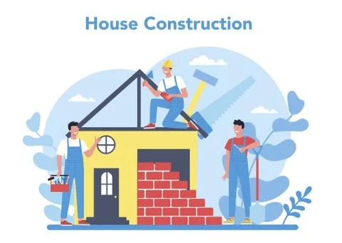 House building concept. Workers constructing home with tools Illustrazione stock