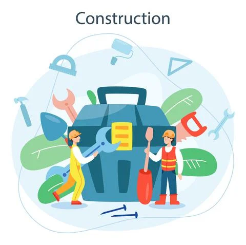 House building concept. Workers constructing home with tools Illustrazione stock