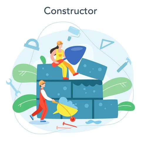 House building concept. Workers constructing home with tools Stock Illustration