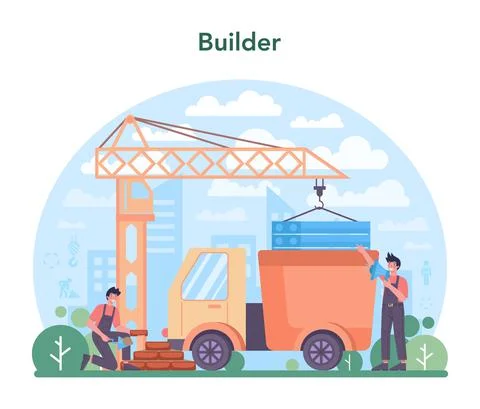 House building concept. Workers constructing home with tools Illustrazione stock
