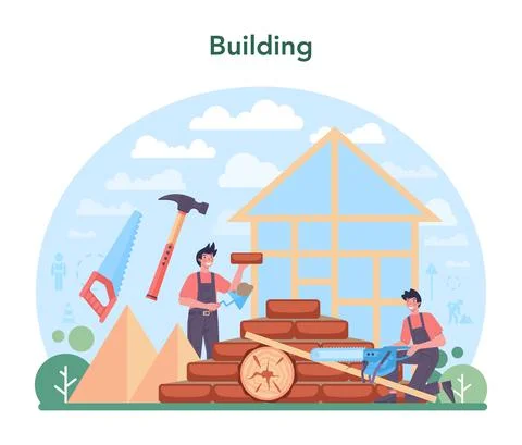 House building concept. Workers constructing home with tools Illustrazione stock