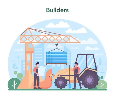 House building concept. Workers constructing home with tools Illustrazione stock