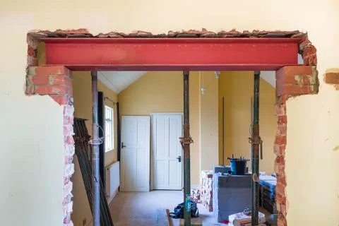 House building construction work with RSJ universal steel beam Stock Photos