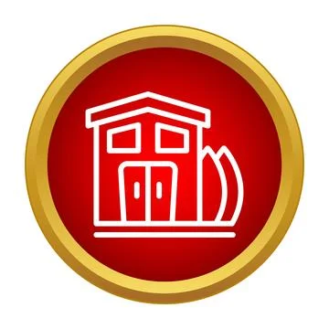 House building icon in red circle with gold border Stock Illustration