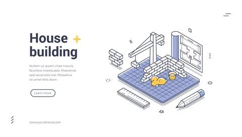 House building isometric web banner. Construction process and architecture pr Illustrazione stock