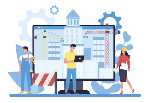 House building online project platform. Professional workers Stock Illustration