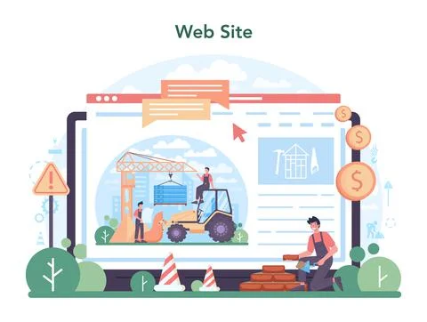 House building online service or platform. Workers constructing home Illustrazione stock