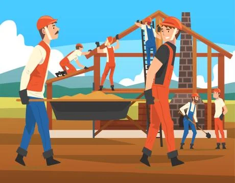House Building Process, Construction Workers Characters Wearing Workwear and 스톡 일러스트